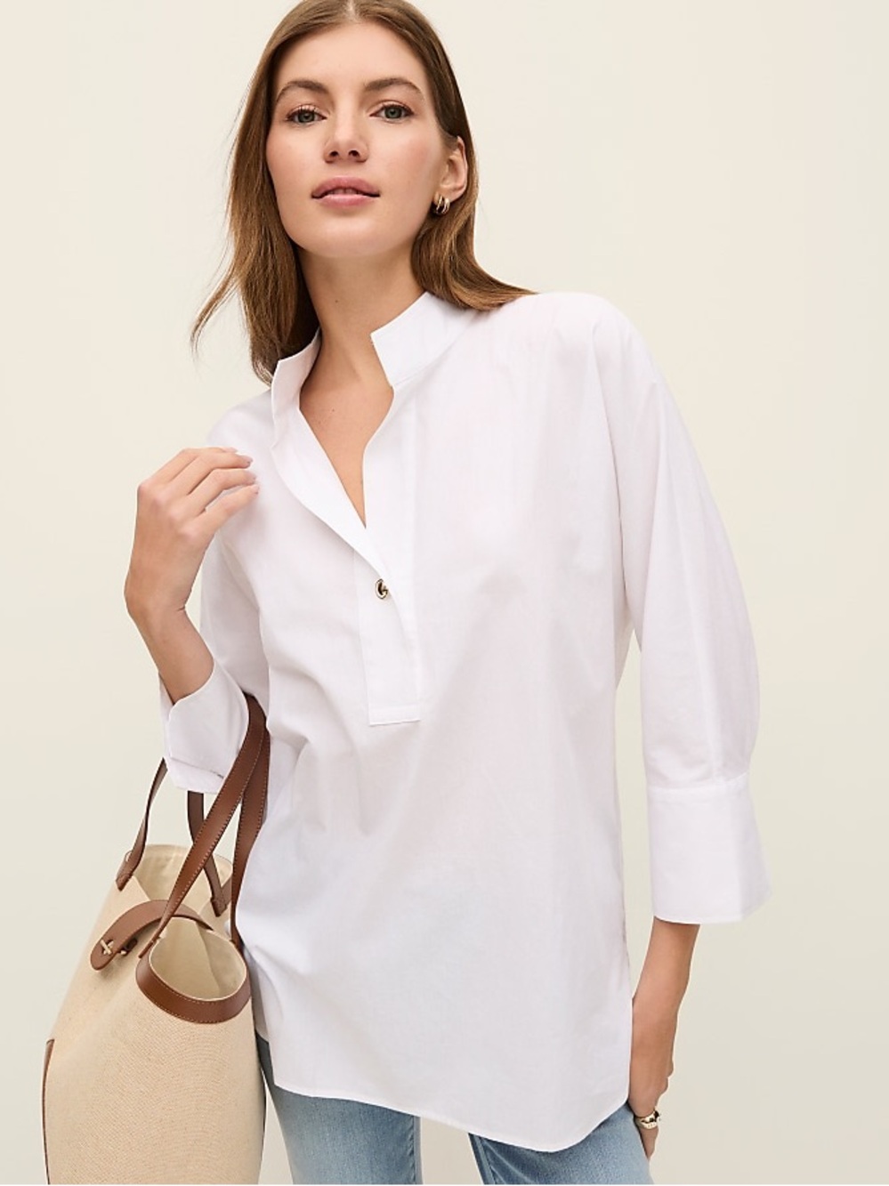 Ann Taylor White Mandarin Collar Tunic Blouse